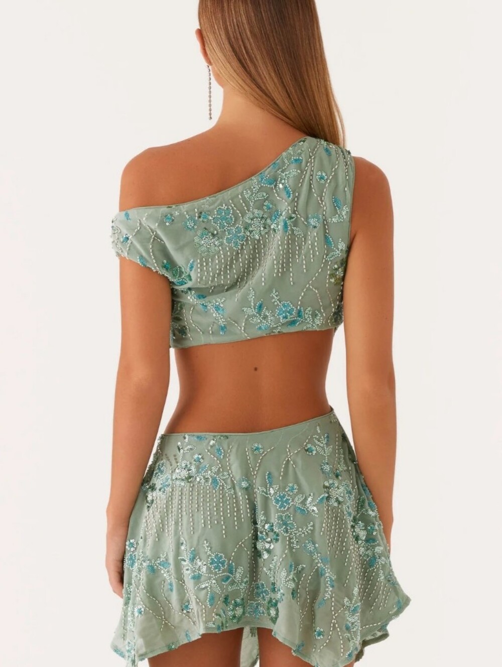 NWT Peppermayo Aletta Sequin One Shoulder Mini Dress Green Fairy Whimsy 4 S M - Picture 7 of 12